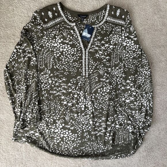 Lucky Brand Top Women 1X Olive Green Floral Embroidered Peasant Boho Cottagecore - Picture 1 of 5